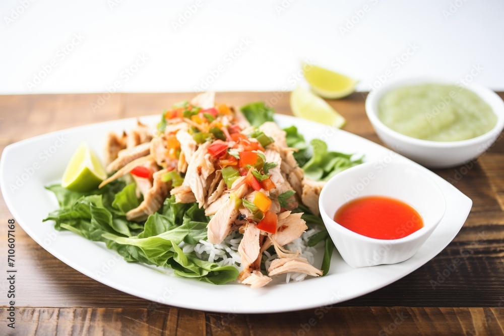 fresh turkey lettuce wraps on a white plate with dipping sauce fresh turkey lettuce wraps on a white plate with dipping sauce