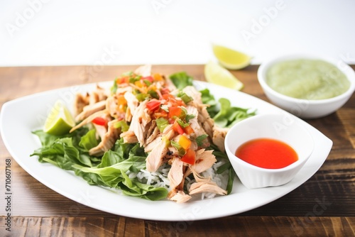 fresh turkey lettuce wraps on a white plate with dipping sauce