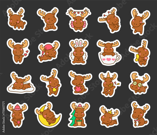 Cute kawaii moose character. Sticker Bookmark. Cartoon funny wild animal. Hand drawn style. Vector drawing. Collection of design elements.