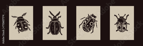 Handmade linocut bug motif clipart in folkart scandi style. Set of simple monochrome block print insect shapes with woodcut paper texture effect.