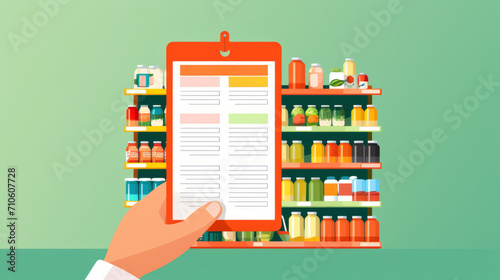 A person holds notes with a list of products on the background of shelves with cans. Vector illustration on a turquoise background. Horizontal banking for web. Photo AI Generated