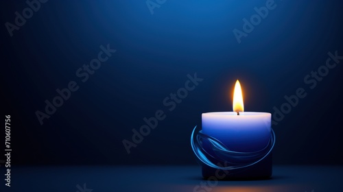 A single blue candle with a gentle flame casts a soft light against a gradient blue backdrop, emanating tranquility and calmness.
