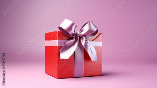 Festive Surprise: Shiny Red Box with Silver Bow on Lilac Background, Perfect for Christmas, Birthdays, and Special Occasions, Copy Space Included!