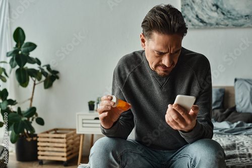 confused bearded man reading prescription o his smartphone while holding bottle with pills photo