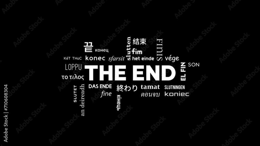 Animation of the end text in various languages. 4K quality video footage Animation of the end text in various languages. 4K quality video footage