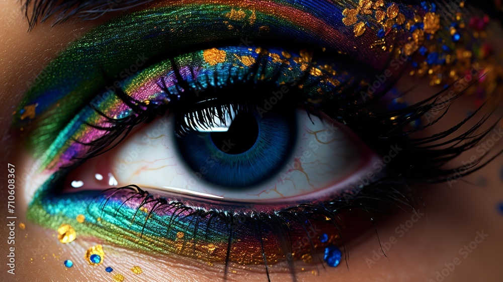 Close up of a woman's eyes with bright, colorful makeup.