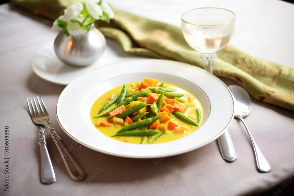 serving vegetable kurma on a plate with fork serving vegetable kurma on a plate with fork