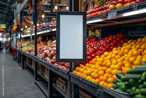 Marketing mastery Blurred food market backdrop enhances mock up poster