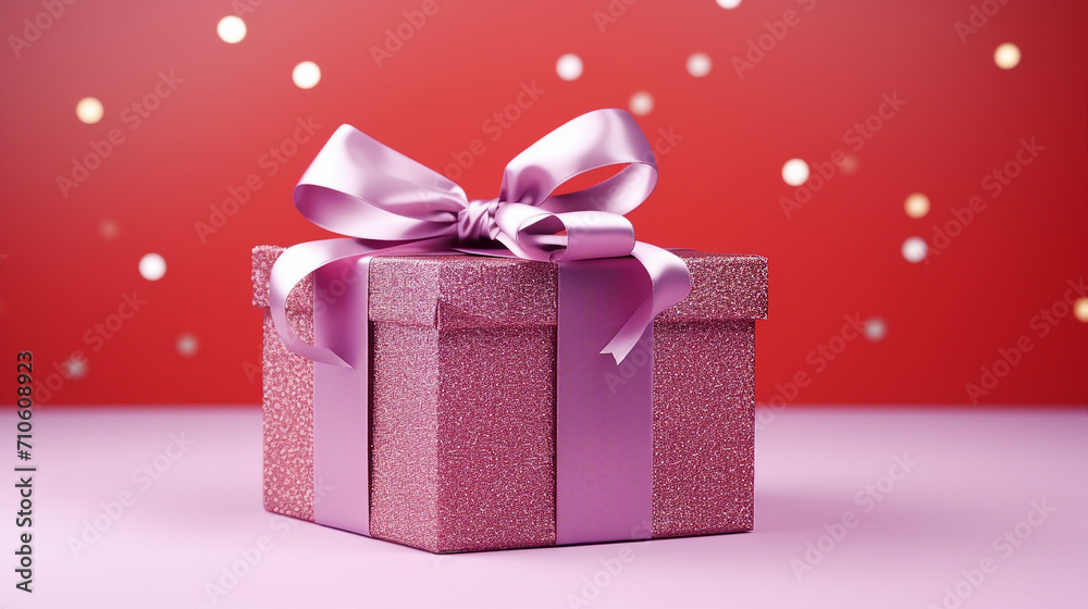 Festive Surprise: Shiny Red Box with Silver Bow on Lilac Background, Perfect for Christmas, Birthdays, and Special Occasions, Copy Space Included! Festive Surprise: Shiny Red Box with Silver Bow on Lilac Background, Perfect for Christmas, Birthdays, and Special Occasions, Copy Space Included!