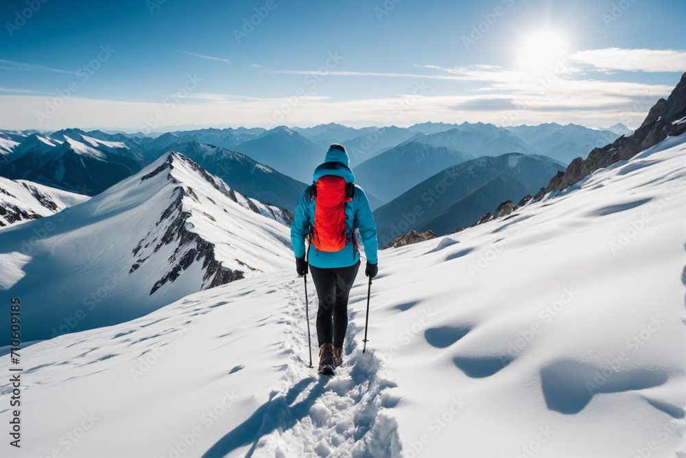 A close-up view from behind, candid photo of a person hiking on snow in the mountains in the vacation trip week