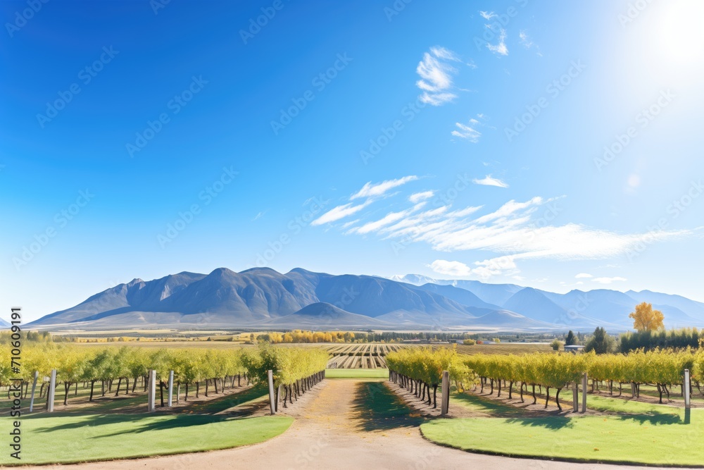 Naklejka premium panoramic view of vineyard with mountain background