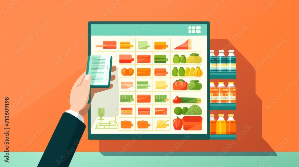 A person makes online purchases on a tablet, with a card in his hands. List of products from a supermarket, vector illustration on an orange background. Horizontal banking for web. Photo AI Generated A person makes online purchases on a tablet, with a card in his hands. List of products from a supermarket, vector illustration on an orange background. Horizontal banking for web. Photo AI Generated