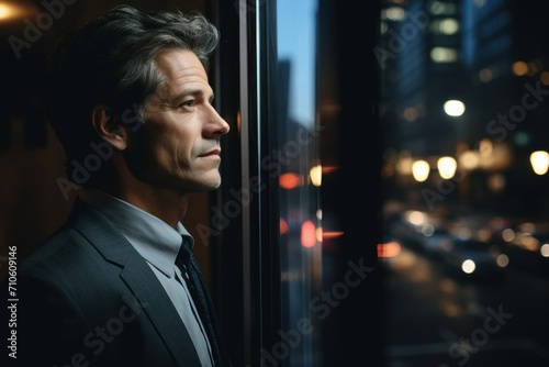 successful businessman looking through the window of a skyscraper, standing watching the city skyline from his luxury office; concept of confident young adult man of business or CEO boss with vision 