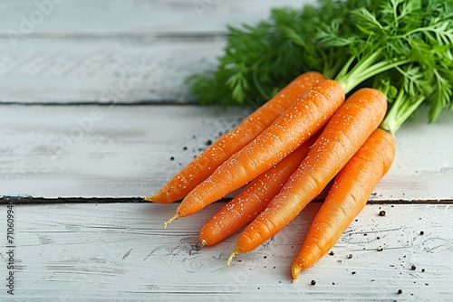 Fresh orange carrot presented elegantly on a white wooden background