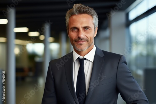 Happy handsome proud stylish mid aged mature professional business man ceo, successful confident smiling good looking male executive wearing suit standing in office looking at camera, 