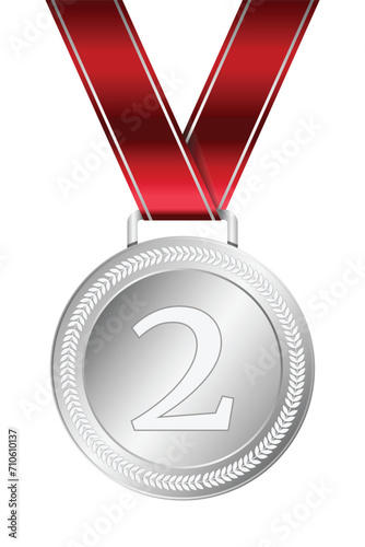 Silver medal. Silver medal with red ribbon. Design winner golden medal prize. Champion winner award medal