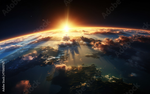 Stunning sunrise view from space showcasing Earth's horizon with atmospheric glow and sunburst, depicting the beauty and fragility of our planet