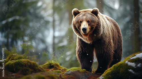 a bear in the forest stands in the snow watching how spring comes and the grass turns green