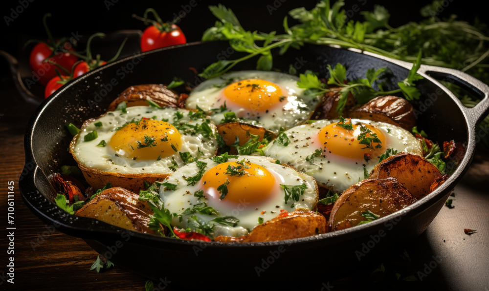 Sunny-side up eggs in a cast iron skillet with halved cherry tomatoes and chives, a rustic breakfast setup on a wooden table