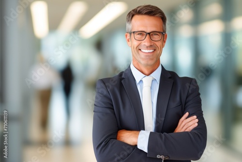 Photo of a corporate man with a big smile and interlocked arms 