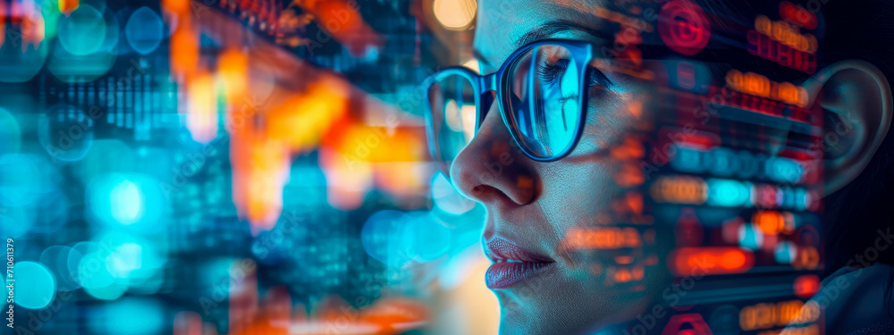 Close-up of a young business woman wearing glasses mixed with a blurry glowing effect in a tech style.