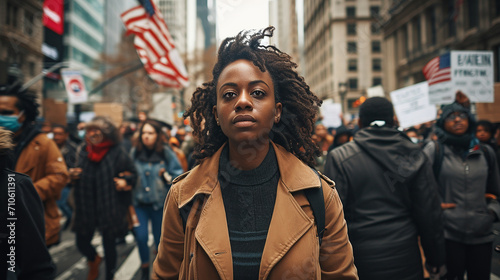 Portrait of a black woman marching in protest with a group of people on a city street
