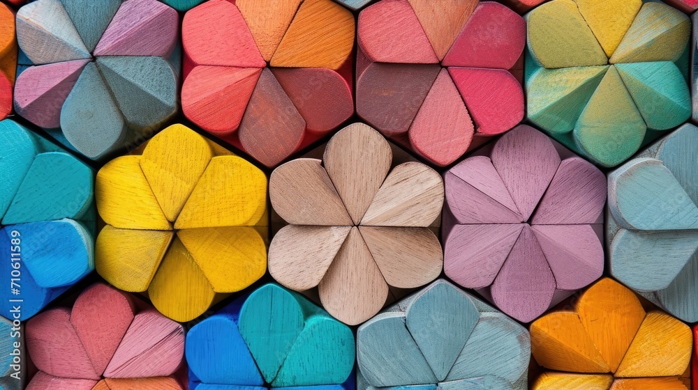 Colorful wooden blocks arranged to form a flower pattern background