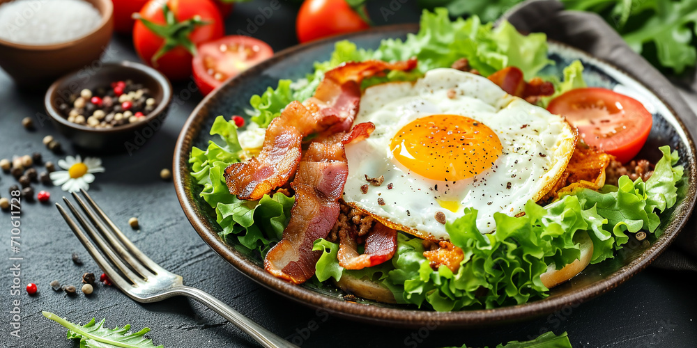 Keto breakfast with fried egg, bacon, cheese, ground beef and salad Keto breakfast with fried egg, bacon, cheese, ground beef and salad