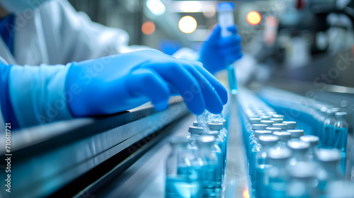 The hand is wearing blue sanitary gloves and is carefully inspecting a row of medical vials that are moving along a conveyor belt