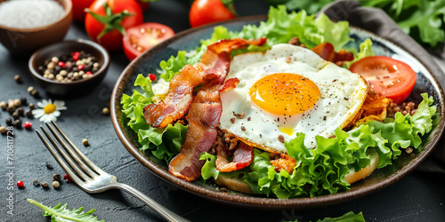 Keto breakfast with fried egg, bacon, cheese, ground beef and salad