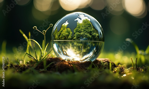 A miniature globe in a clear glass sphere rests amidst lush green grass, reflecting the concept of a delicate, sustainable world needing protection photo