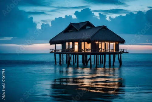 The serene beauty of an overwater bungalow standing alone in twilight, its stilts casting an intricate reflection on the glassy ocean, creating a serene and tranquil scene.