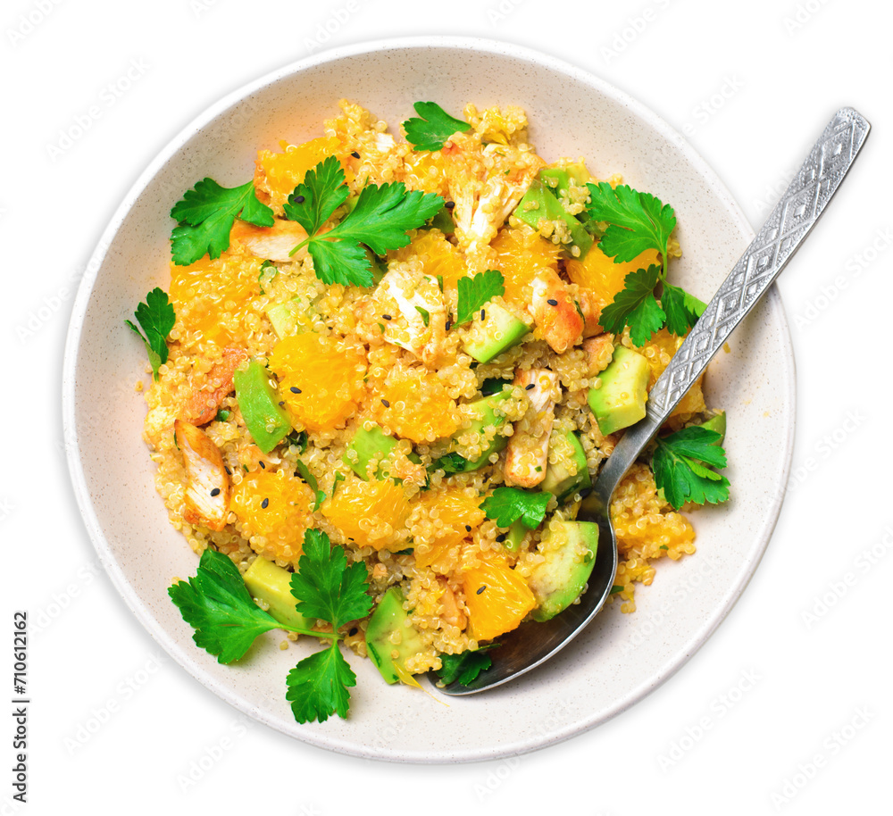 Quinoa Salad with Orange, Chicken and Avocado, Healthy Meal on White Background Quinoa Salad with Orange, Chicken and Avocado, Healthy Meal on White Background