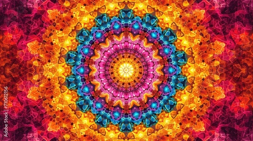 Kaleidoscopic geometric mandala in vivid colors background