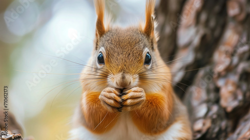 Cute squirrel eating with hands up close.