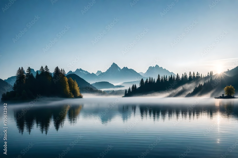 A serene Bavarian lake surrounded by mist-shrouded mountains, creating an ethereal atmosphere.