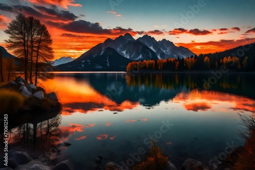 A peaceful Bavarian lake reflecting the vibrant colors of a fiery sunset against a backdrop of mountains.