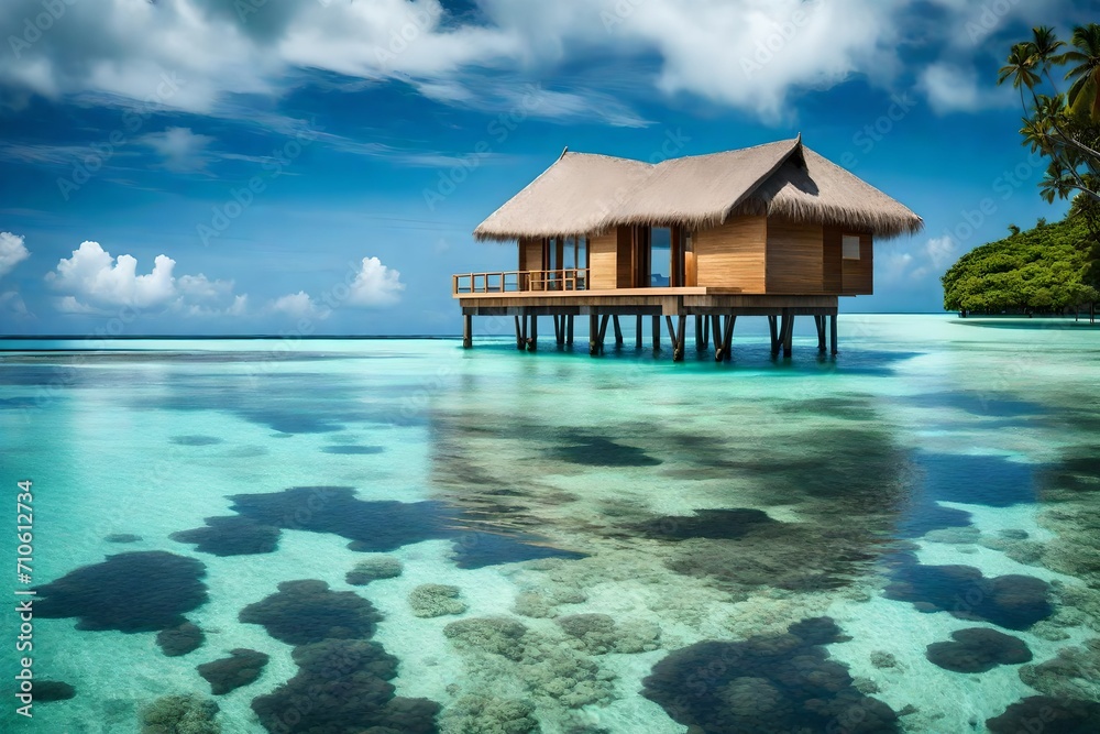 Amidst a gentle breeze, the overwater bungalow stands like a lone sentinel, its wooden stilts reflected flawlessly in the calm, undisturbed surface of the sea, creating a breathtaking sight.