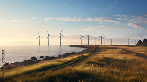 Wind Turbines Along Coastal Landscape at Sunrise Sustainable Energy cabon tax