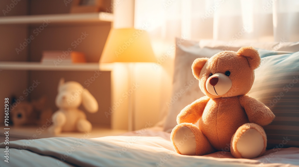 teddy bear sitting on a crib in a children's room, cozy children's room, sunlight - obrazy, fototapety, plakaty 
