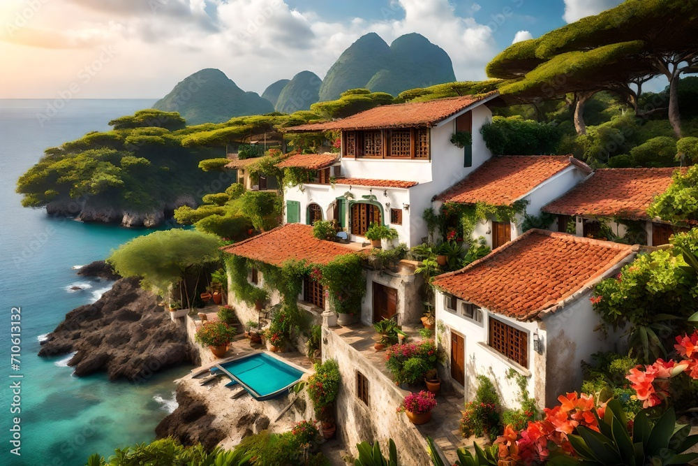 A traditional seaside villa with a terracotta roof, surrounded by lush tropical foliage, overlooking a serene bay with colorful fishing boats bobbing in the water.