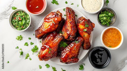 Air fryer chicken wings glazed with hot chili sauce and served with a variety of sauces photo