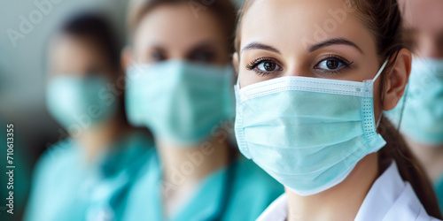 Ärzte Team und Krankenschwester mit Mundschutz blicken in die Kamera, ai generativ
