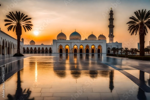 Showcase diverse mosque designs from different countries, emphasizing the cultural variations in architectural styles at sunset © Kashif