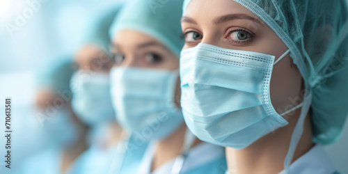 Ärzte Team und Krankenschwester mit Mundschutz blicken in die Kamera, ai generativ photo