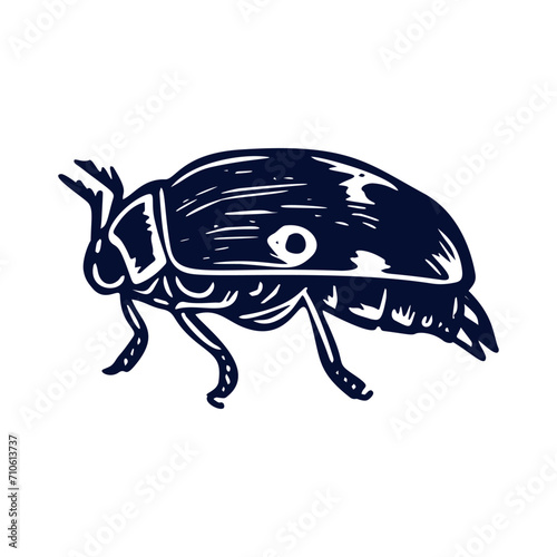 Handmade blockprint bug motif clipart in folkart scandi style. Simple monochrome linocut insect shapes with naive rural lineart.