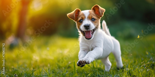 A happy puppy runs through the spring grass. photo