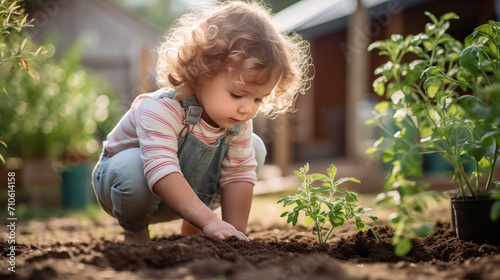 Toddler Planting a Seedling in Sunlit Garden