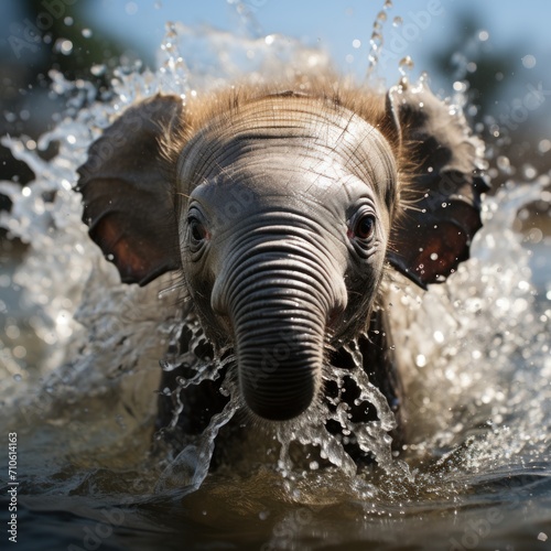 Photo of a baby elephant splashing in water. Generative AI