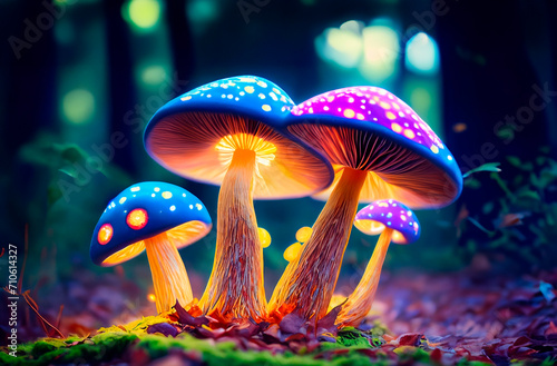 magical glowing mushrooms in the forest